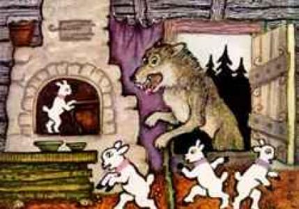 Gray wolf and seven kids read